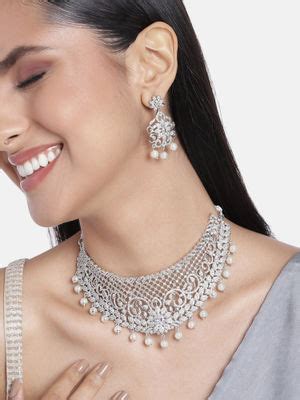 Buy Estele Rhodium Plated CZ Bridal Choker Necklace Set with Crystals ...