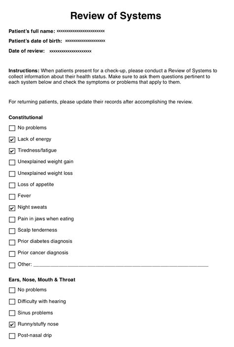 Review of Systems Template & Example | Free PDF Download