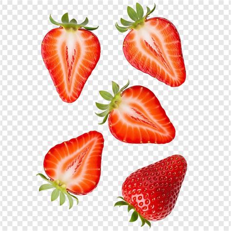 Fresh strawberry halves with green stems on transparent background ...