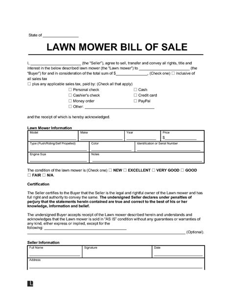 Free Lawn Mower Bill of Sale | PDF & Word