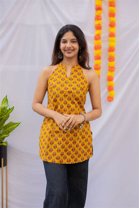 Mustard Yellow Cotton Halter Neck Short Kurti for Women | Sanganeri ...