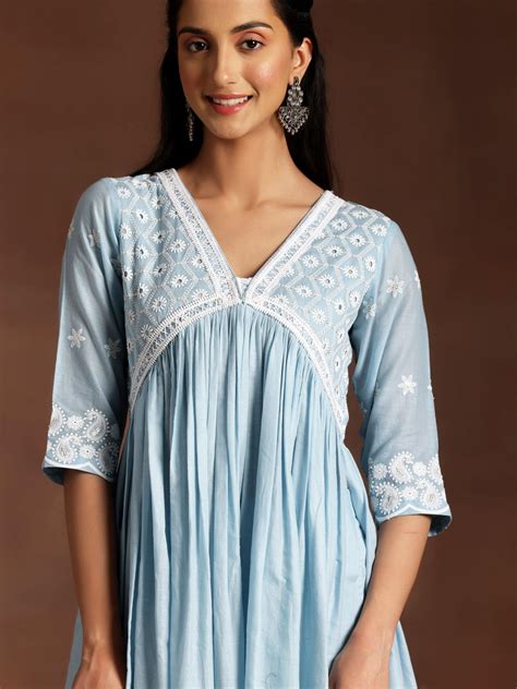 Buy Blue Embroidered Cotton A-Line Kurta With Palazzos & Dupatta Online ...