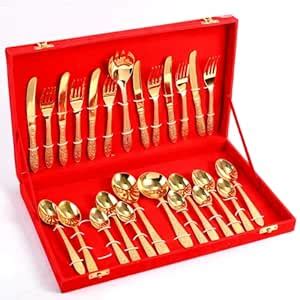 Tears Crafts Brass Gold Plated Embossed Cutlery Set 27-Piece Cutlery ...