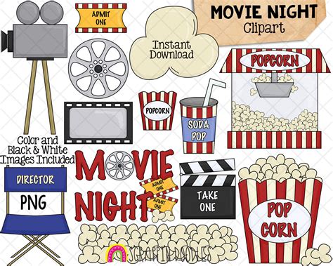 Movie Night Clip Art Popcorn Movie Theater Directors Chair Reel ...