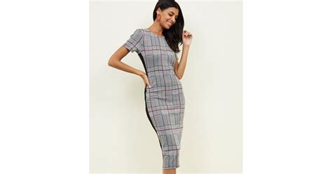 Grey Check Side Stripe Bodycon Midi Dress | New Look