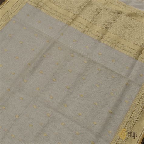 Off-White-Silver Pure Cotton Tissue Banarasi Handloom Saree - Tilfi
