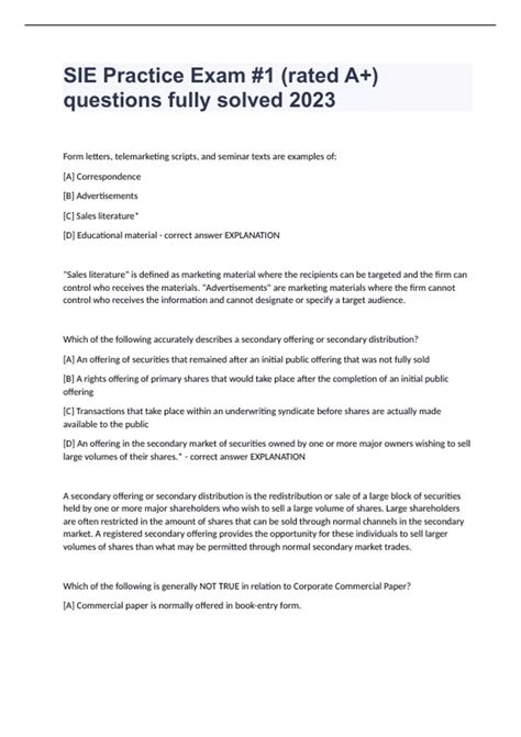 SIE Practice Exam #1 (rated A+) questions fully solved 2023 - SIE ...