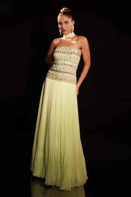 Buy Green Net, Georgette, Crepe Crystals, Mirrors, Strapless ...