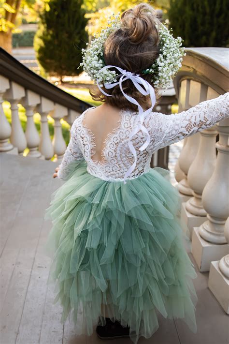 Sage Green Lace Flower Girl Dress , Scalloped Edges Back Party Dress ...