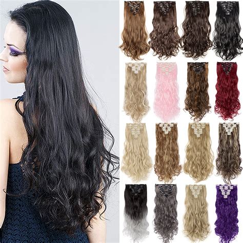 24" Long Curly Wavy Jet Black Clip in on 8 Pieces Full Head Set Hair ...