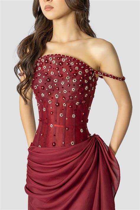 Burgundy Floral Embroidered Draped Dress in 2025 | Red corset dress ...