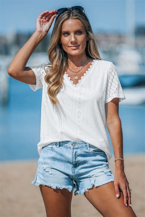 White Eyelet Lace Short Sleeve Blouse