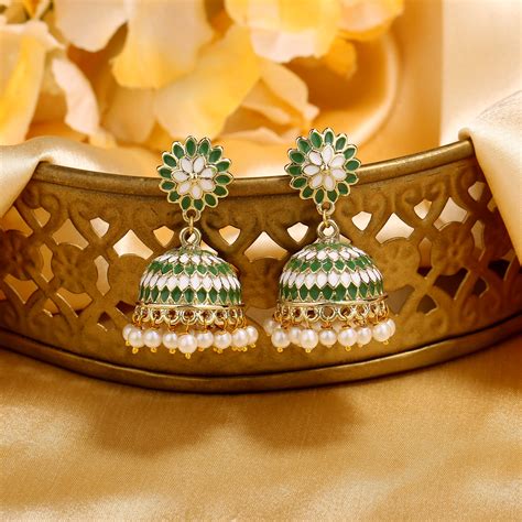 Buy Estele Gold Plated Traditional Green Meenakari Jhumka Earring with ...