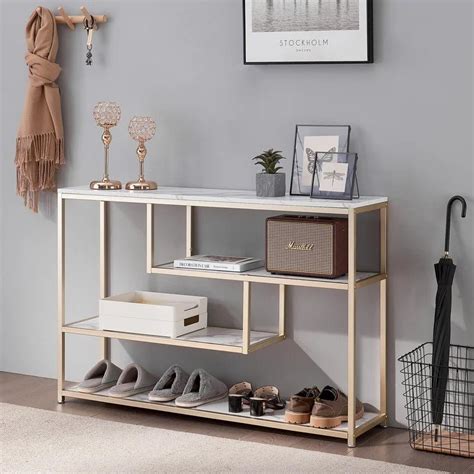 White & Gold Marble Console Table with Storage Shelf - Punam Metalcrafts