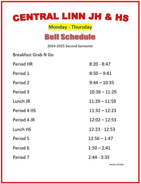Bell Schedule - Central Linn School District | High School