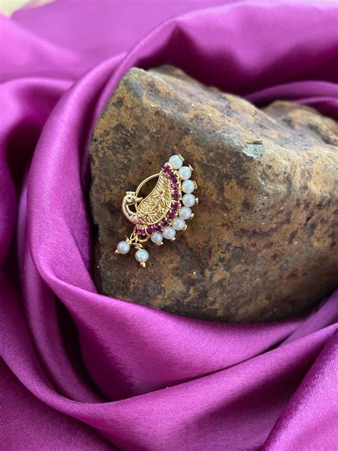 Gold Plated Maharashtrian Nath Peacock Design Nose Pin Red Colour with ...