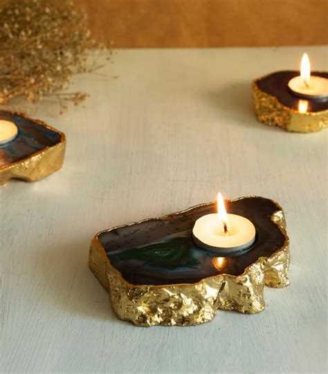 Shop Emerald Tealight Holder Natural Agate with Gold Trim