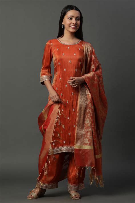 Buy Rust Orange Metallic Embroidered Kurta, Pants and Banarsi Dupatta ...