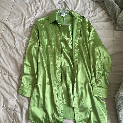 Princess Polly green satin dress set matching button... - Depop