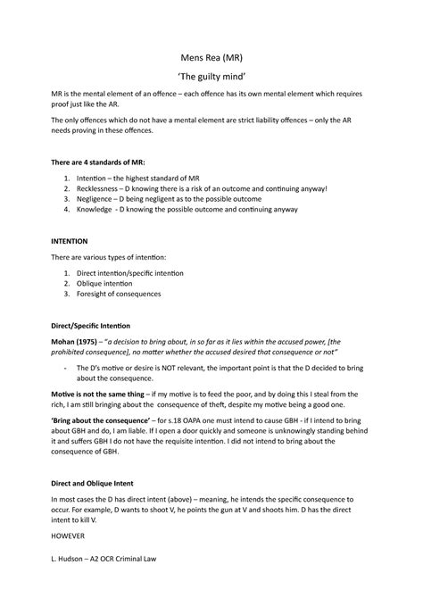 3. Mens Rea information sheet - Mens Rea (MR) ‘The guilty mind’ MR is ...