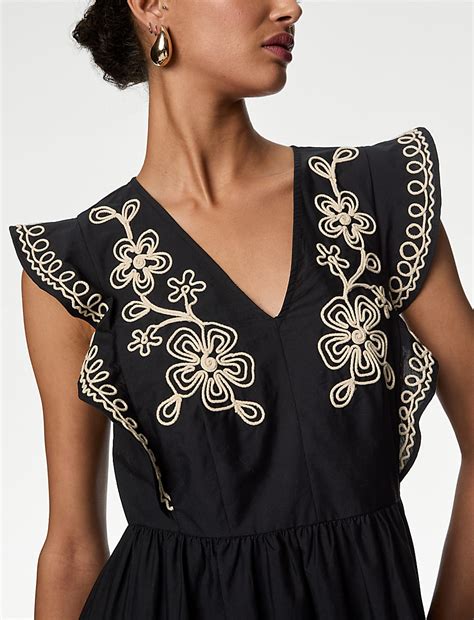 Buy Pure Cotton Embroidered V-Neck Midi Dress at Marks & Spencer
