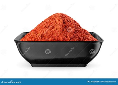 Ground Red Pepper in Black Square Bowl Isolated on White. Front View ...