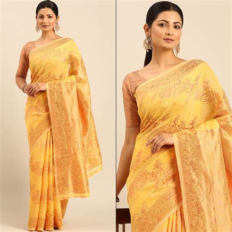 Yellow Floral Woven Cotton Silk Saree