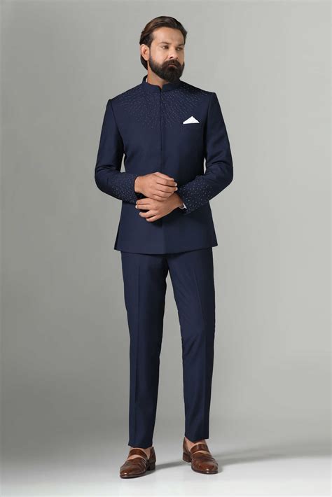 Navy Blue Bandhgala Suit For Men Online– Brahaan by Narains