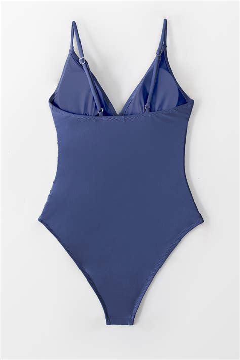 Blue V Neck Ruching One Piece Swimsuit