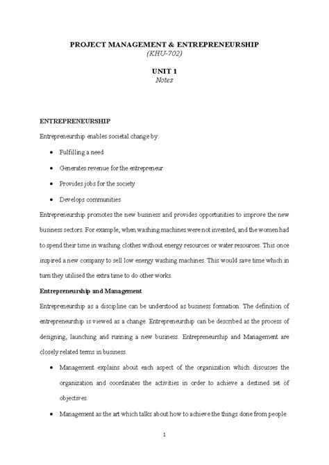 Unit 1 PME Notes - KHU 702: Understanding Entrepreneurship and ...