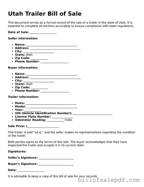 Get Utah Trailer Bill of Sale Template • Bill of Sale PDFs