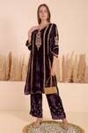 Buy Purple Velvet Embroidery, Sequins V-neck Vintage Flora Kurta With ...