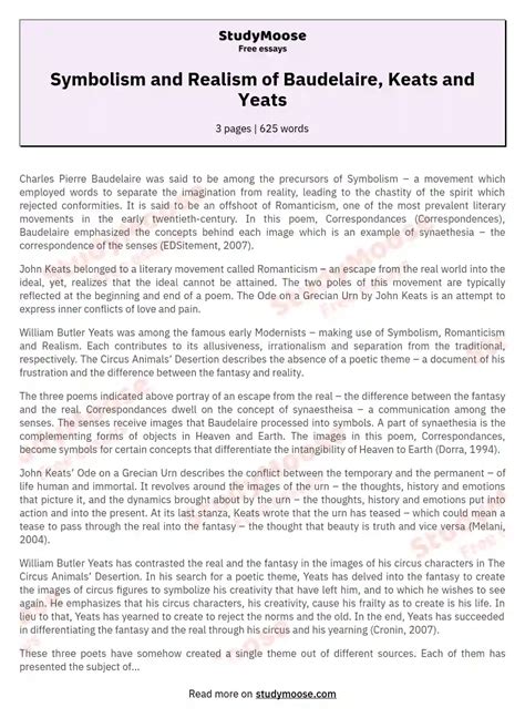Symbolism and Realism of Baudelaire, Keats and Yeats Free Essay Example