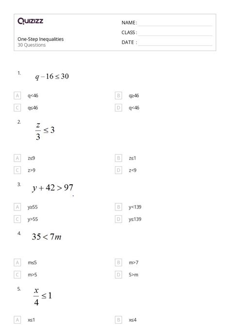 50+ One-Step Inequalities worksheets for 5th Class on Quizizz | Free ...