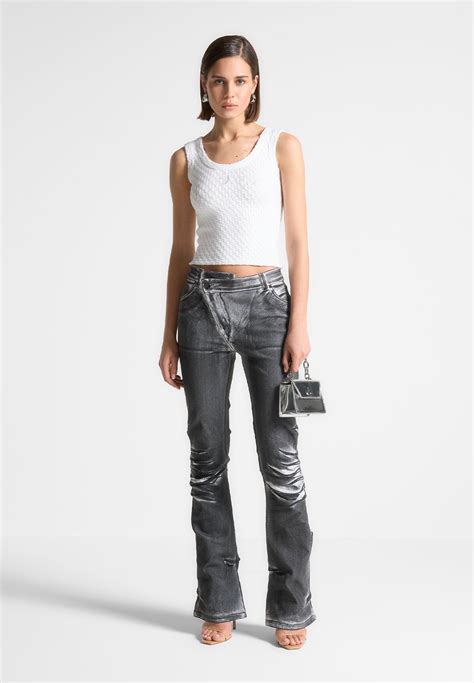 Oil Print Tacked Fit and Flare Jeans - White/Grey | Flare jeans, Fit ...