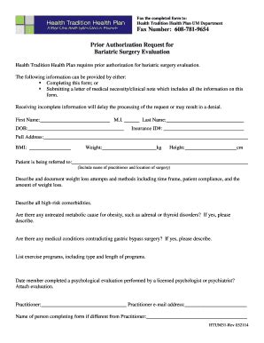 Bariatric Surgery Evaluation Prior Authorization Request - Blank ...