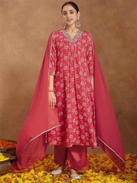 Janasya Women's Red Georgette Embellished Floral Printed A-line Kurta