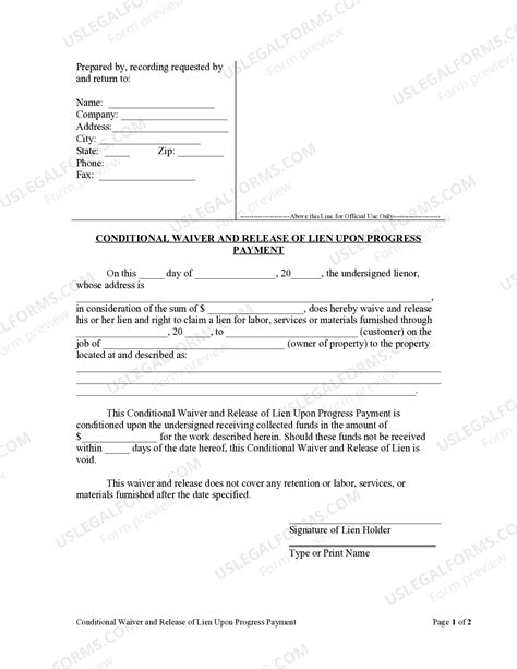 Vermont Conditional Waiver and Release of Claim of Lien Upon Progress Payment - Conditional ...