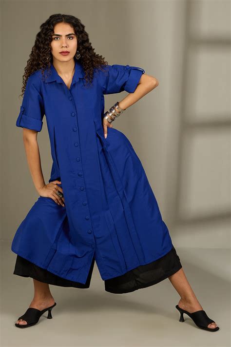Sapphire Threads Silk Slub Box Pleat Button Down Shirt Dress - maati crafts