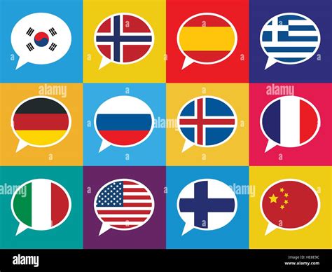 Set of colourful speech bubbles with different countries flags. Languages concept illustration ...