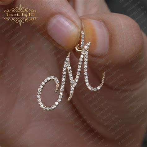 Pave Diamond Initial Pendant, 14K Solid Gold M Initial Pendant, Diamond ...
