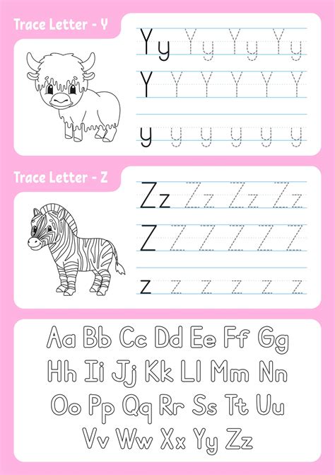 Writing letters y, z. Tracing page. Worksheet for kids. Practice sheet. Learn alphabet. Cute ...