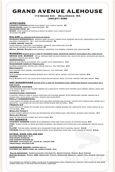 Grand Avenue Ale House menu in Bellingham, Washington, USA