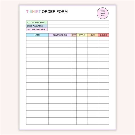 Editable T-shirt Order Template, Printable Custom Order Form, Sales ...