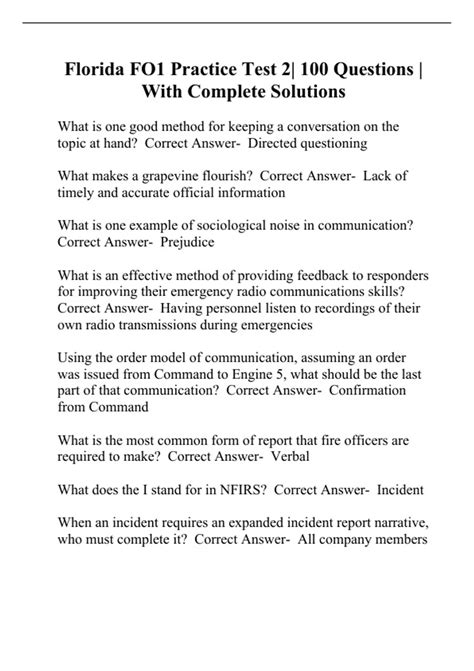 Florida FO1 Practice Test 2| 100 Questions | With Complete Solutions ...