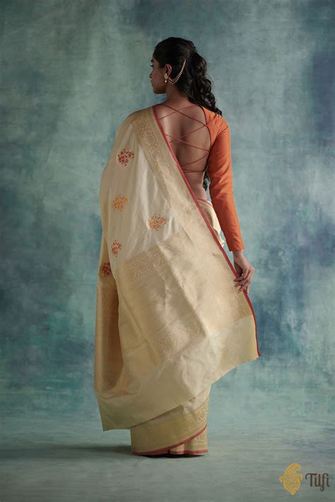 Cream Pure Katan Silk Banarasi Handloom Saree - Tilfi