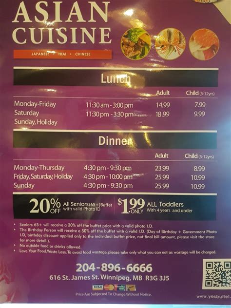 Menu at YES Buffet restaurant, Winnipeg