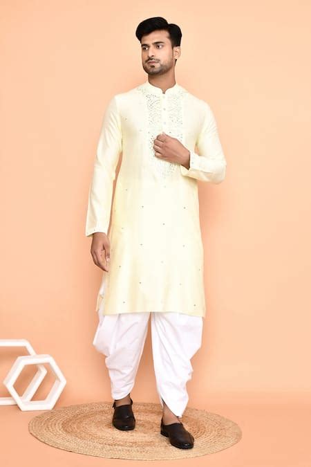 Buy Yellow Silk, Pashmina Mirrors, Embroidery Geometric Work Kurta With ...