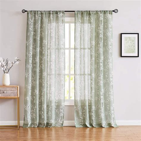 "Decoultimatex Floral Print Drape Sheer Curtain, Linen Blend, Rod ...