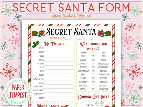 Printable Secret Santa Questionnaire, Secret Santa Template for Work ...